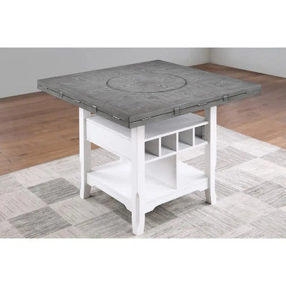 Classic 7-Piece Counter Height Dining Set, with Antique White and Gray Table, Lazy Susan, Built-in Leaf, and 6 High Chairs.