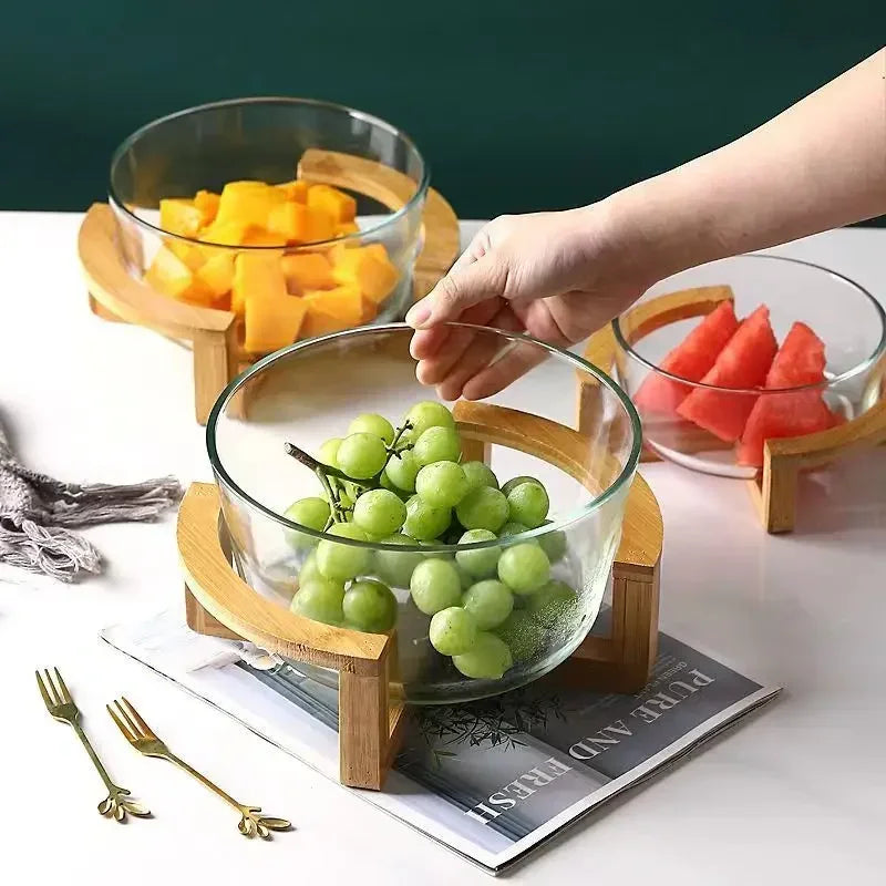 Elegant Glass Salad Bowl Set with Wooden Base.