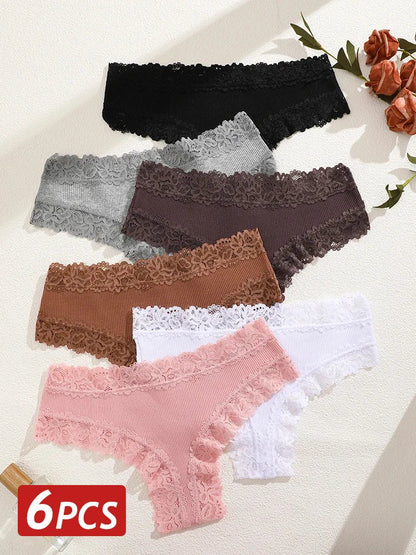 6PCS/Set Women Sexy Lace Brazilian Panties, Low-Waist Elastic Underwear S-XL.