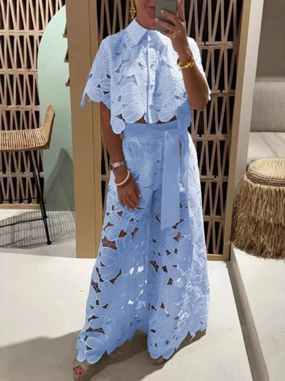 Women Set Short Sleeved Blouse Tops + Tie-up Pants Two Piece set Lace Outfit .