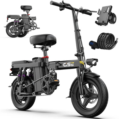 GS5 48V 15AH Battery E-Bike, 30+MPH, 740W Folding Bike,35 Miles Max Range14" Fat Tire.