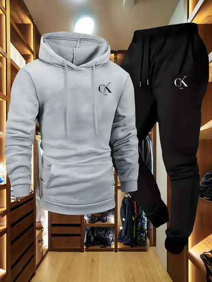 2025 Men Hoodie & Sweatpants Set - Casual Gray Loungewear with Pockets, Drawstring Hood and Ribbed Waistband.