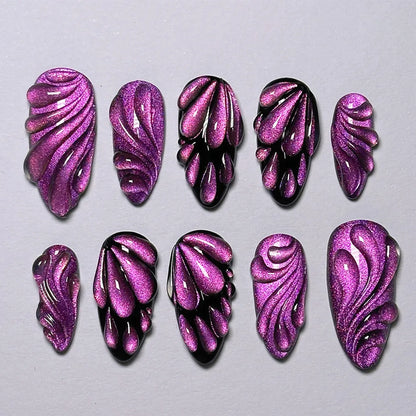 24Pcs Mid-length Almond Press on Fake Nails,3D Ripple Heart ,Pearl Star, Blue Smudge Detachable Full Cover Nails Tips.
