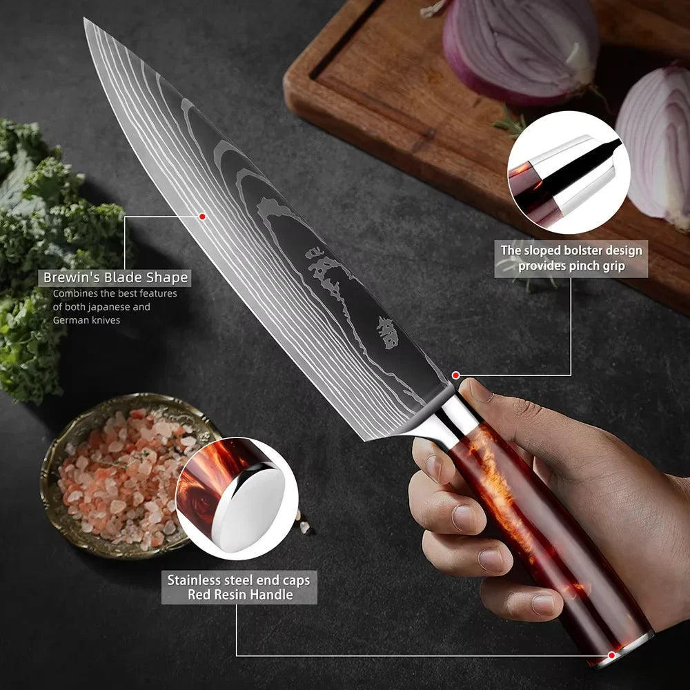 Knife Set 15-Piece Kitchen Set With Wooden Block, Laser Damascus Pattern Steel, Pro Chef ,With Scissor Sharpening Rod.