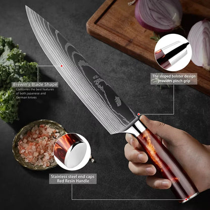 Knife Set 15-Piece Kitchen Set With Wooden Block, Laser Damascus Pattern Steel, Pro Chef ,With Scissor Sharpening Rod.