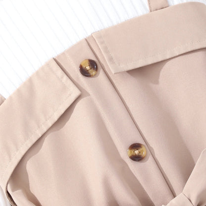 8-12 Yrs Long Dress for Girl Autumn and Winter, Belt Button Khaki  Long Dress.