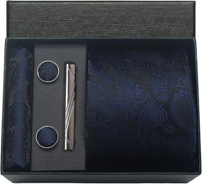 100% Silk Necktie Paisley Floral Men Business Tie, Pocket Square ,Tie Clip ,Cufflinks Set  Gift Box.