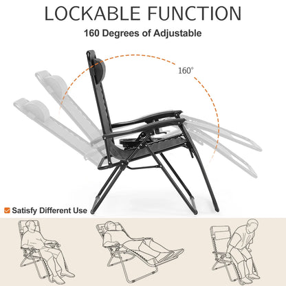Zero Gravity Set of 2 Portable Recliner Camping, Patio, Garden Lounge Chair, with Cup Holder Trays