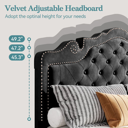 Bed Frame with Adjustable Velvet Tiara Headboard, Upholstered Diamond Button.