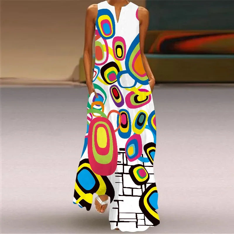 Elegant Sleeveless Women Dress, Vintage Print Loose Long Maxi Dresses Lady V Neck Pocket Sundress Plus Size