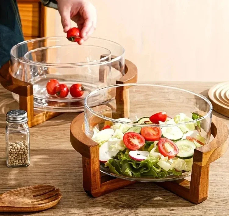 Elegant Glass Salad Bowl Set with Wooden Base.