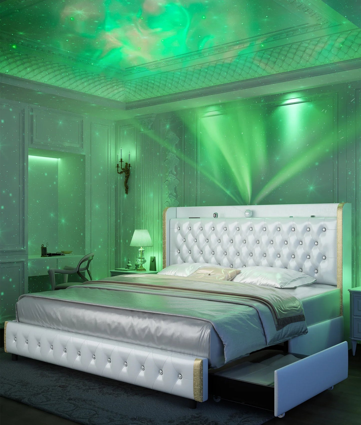 Queen LED Bed Frame with Galaxy Projector, Bluetooth Speaker, USB Ports, 4 Drawers, No Box Spring Needed.