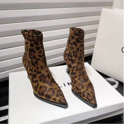 Autumn Women High Heel Leopard Print Ankle Boots, New Pointed Head Thin Heel.