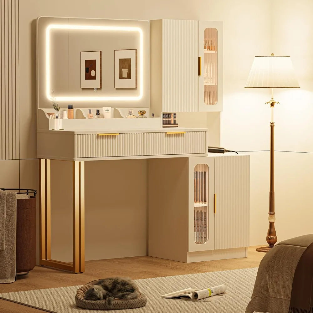 45" LED Makeup Vanity Desk with Mirror, Lights, USB Outlet & Storage for Bedroom.