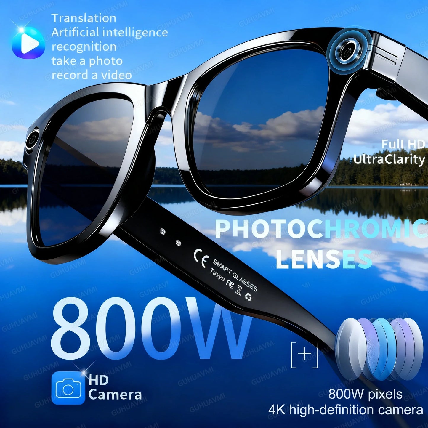 New 8 Million Pixels Camera Smart Glasses, Recording Videos, AI Photo Recognition, Answer Translation, Waterproof Blue light Glasses.