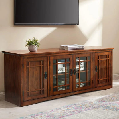 Solid Wood Mission Oak TV Stand for 65-Inch TVs Console with Storage Shelves