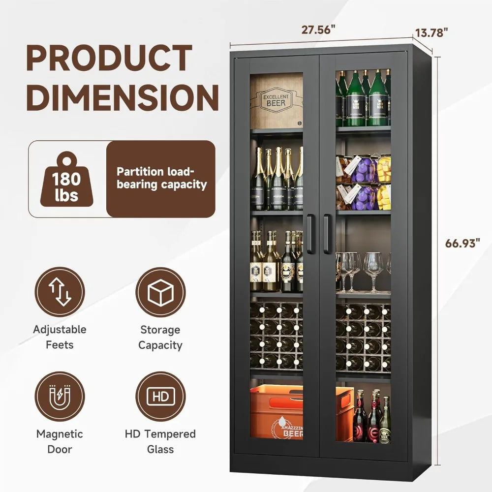 67 Inch Glass Door Display Cabinet with 4 Adjustable Shelves. Heavy Duty Steel Storage Case for Home, Office.