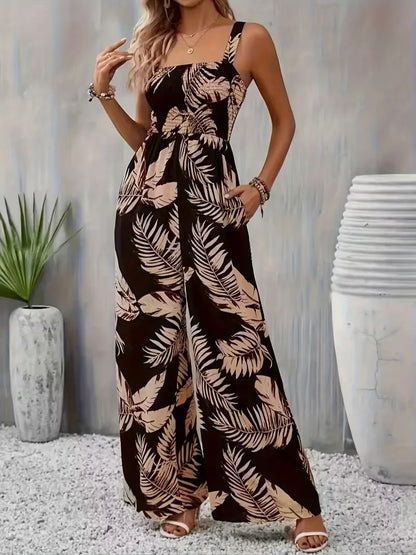 Women's summer elegant back hugging tropical printed overalls.