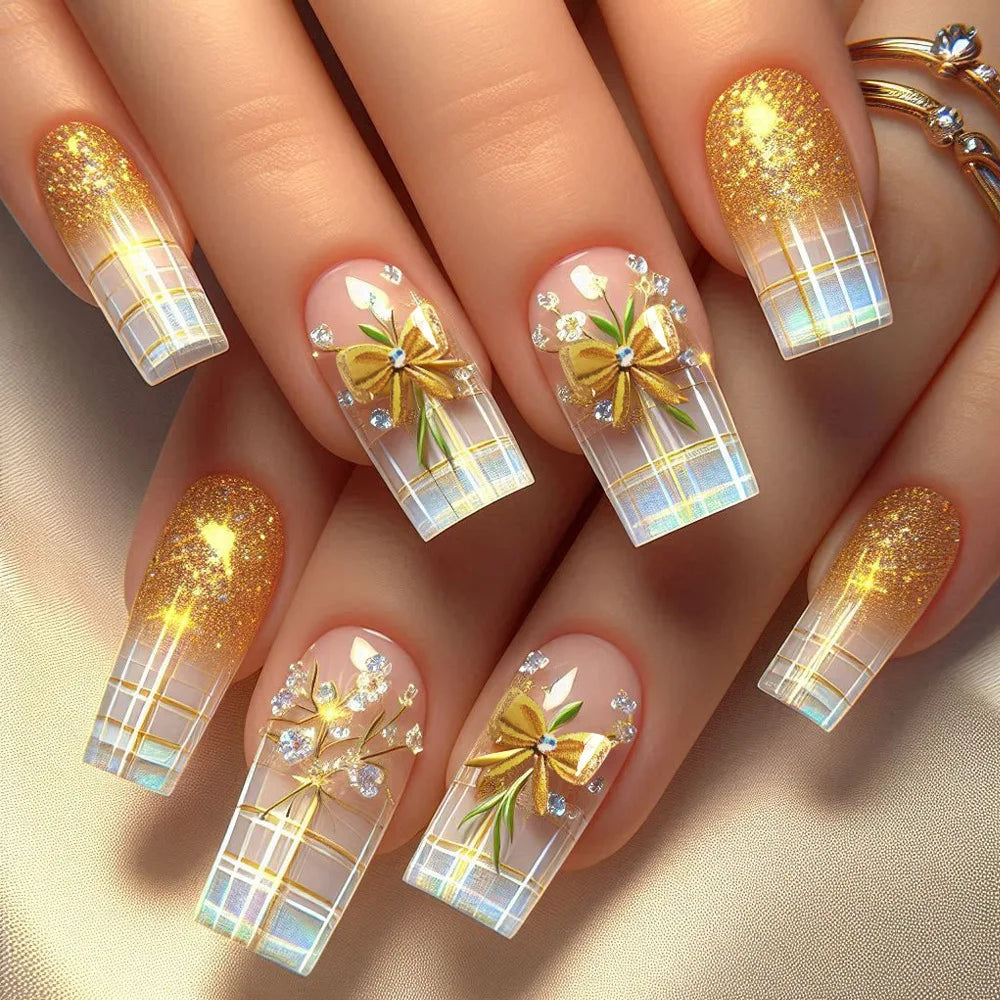 24pcs Golden Stripe Press on Nails Long Square False Nails Full Cover Nail Tips.