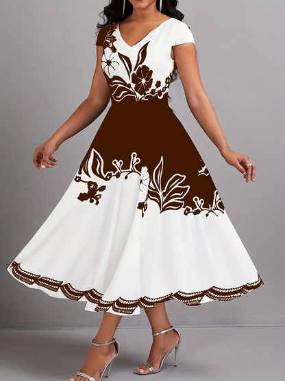 Plus Size Peplum Floral Print Dress - Elegant V-Neck, Short Sleeves, Scalloped Hem, Zipper Closure,