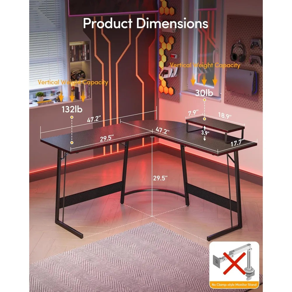 L-Shaped Gaming Desk ,Carbon Fiber Surface, Built-in Monitor Stand Home Office.