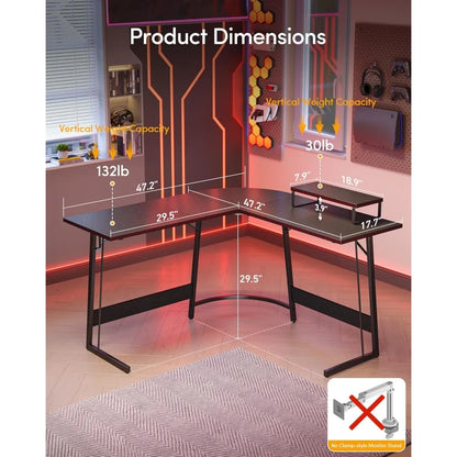 L-Shaped Gaming Desk ,Carbon Fiber Surface, Built-in Monitor Stand Home Office.
