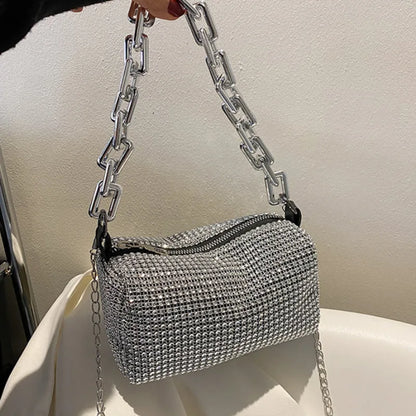 Allover Rhinestone Bucket Bag | Glitter Chain Prom Purse & Women's Mini Crossbody Bag (Sparkling Evening Handbag)