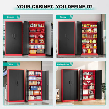 Garage Storage Cabinet with 5 Adjustable Shelves, Metal Storage Cabinet with Lock, Red Black Metal.