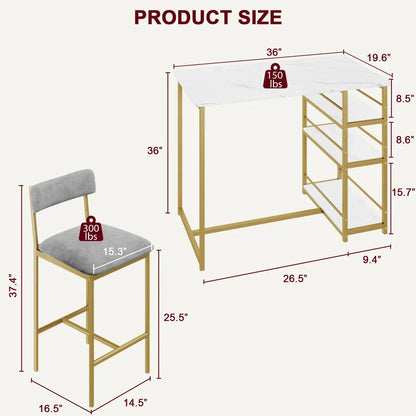 2-Person Dining Table Set, Bar Table with 2 Upholstered Chairs, & 3 Storage Shelves, Small Space Kitchen Table for Apartment.