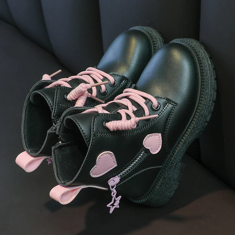 Kids Fashion Rubber Boots Cool Girl Autumn and Winter Cotton Soft Sole Pink with Love Side Zip Princess Round-toe PU Girls Boots