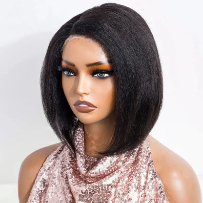 Short Kinky Straight Bob Wig | Glueless Human Hair C Lace with Natural Hairline