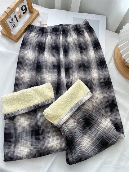 Warm Plush Pants, Cashmere Thick Plaid Ladies Winter Loose Wide-legged Pants