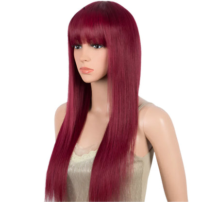 Burgundy Straight Wig with Bangs | "Put On & Go" Glueless Human Hair