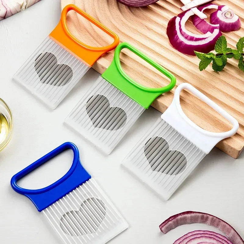1/2/3/4pcs Effortlessly, Slice Onions with this 1pc Colorful Onion Slicer stainless steel potato chip onion holder.