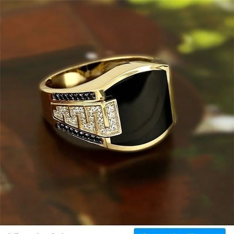 Classic Men Ring Fashion Metal Gold Color, Inlaid Black Stone Zircon Punk Rings for Men.