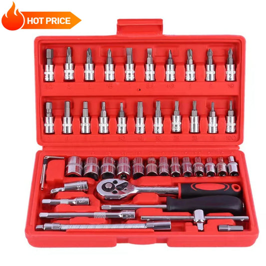 46pcs/Set Socket Wrench Diy Repair Tool Kit, Ratchet Screwdriver for Car Repair Hardware Toolbox for Auto Repairing and Household.