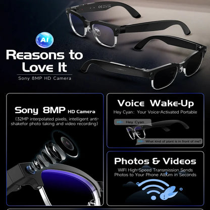 AI Smart Glasses 8MP Bluetooth, Waterproof ,IP66 with Video Recording, Photo Recognition, Translation, 290mAh Glasses for Everyday Use.