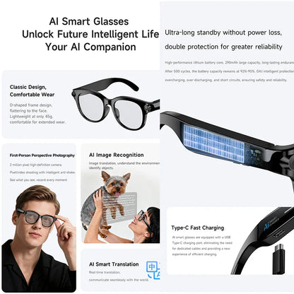 New 200W HD Camera Smart Glasses, AI Assistant Photo Recognition, Video Recording, 290mAh 512M Storage Smart Sunglasses.