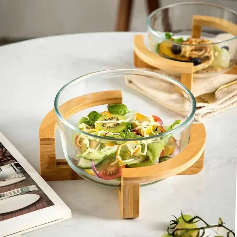 Elegant Glass Salad Bowl Set with Wooden Base.
