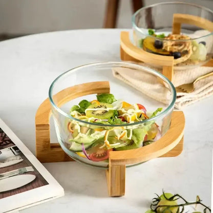 Elegant Glass Salad Bowl Set with Wooden Base.