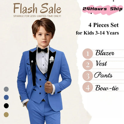 2025 New Kids Suit Set, 4 Pieces Formal  Suits for Boys, Jacket, Vest, Pants, Bowtie Velvet Collar.