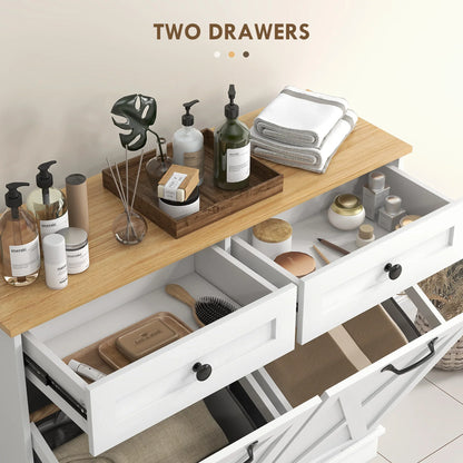 Tilt Out Laundry Hamper Cabinet, with 2 Baskets and 2 Drawers, White.