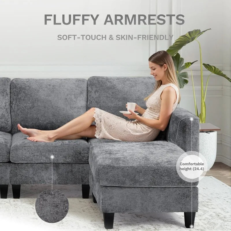 118" U-Shaped Sectional Couch, 4-Seat Modular Sofa with 2 Ottomans ,Foldable Side Table, Grey for Living Room