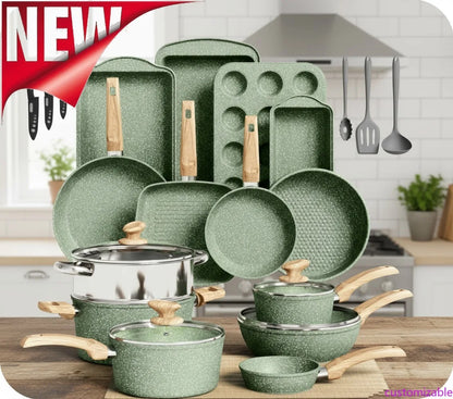30-Piece Non-Stick Granite Cookware Set, Induction Compatible Pots & Pans with Bakeware,