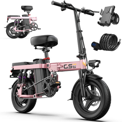 GS5 48V 15AH Battery E-Bike, 30+MPH, 740W Folding Bike,35 Miles Max Range14" Fat Tire.