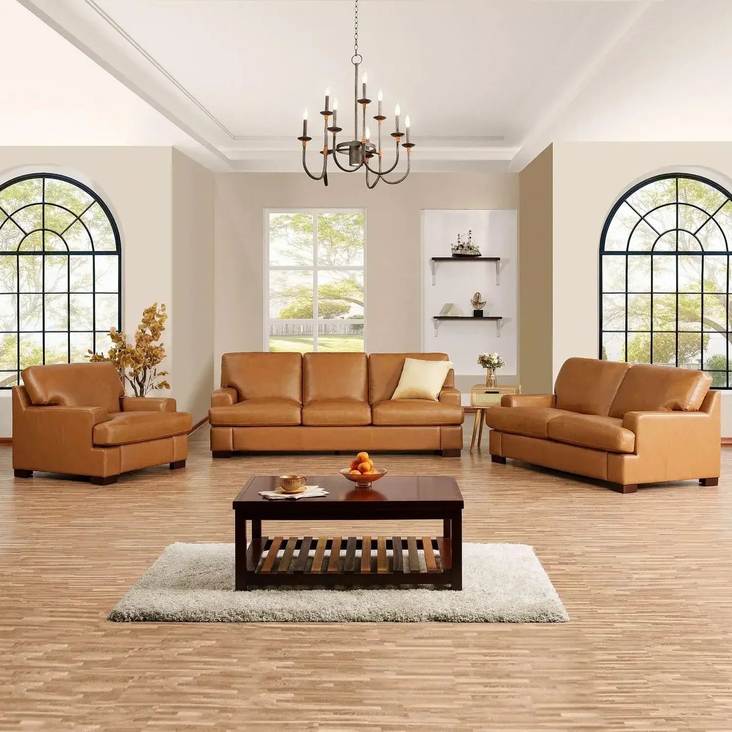 Genuine Leather Sofa Set of 3, Luxurious Comfortable Goose Feather Cushion Filling, Square Arm Design.
