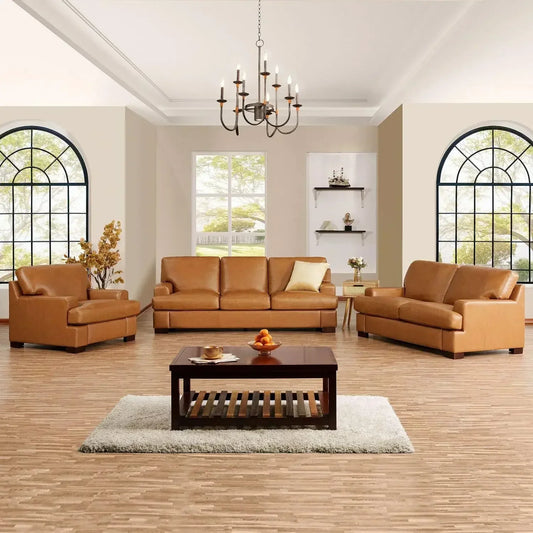 Genuine Leather Sofa Set of 3, Luxurious Comfortable Goose Feather Cushion Filling, Square Arm Design.
