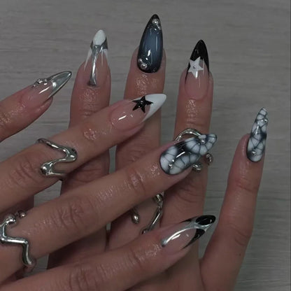 24Pcs Mid-length Almond Press on Fake Nails,3D Ripple Heart ,Pearl Star, Blue Smudge Detachable Full Cover Nails Tips.