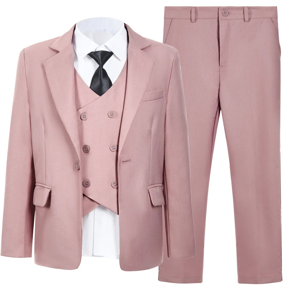 High Quality Kids Suit Set, 4-Piece Slim Fitting  Jacket, Pants, Vest, Bowtie, One Button Communion Kids Suits.