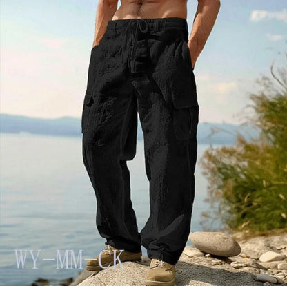 American Men Cotton And Linen Trousers, Multi-pocket Work Pants Loose Sportswear And Casual Trousers.